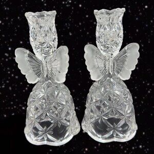 Hofbauer Bleikrisfall 1985 Frosted‎ Butterfly Candle Stick Holder Set 2 Clear
